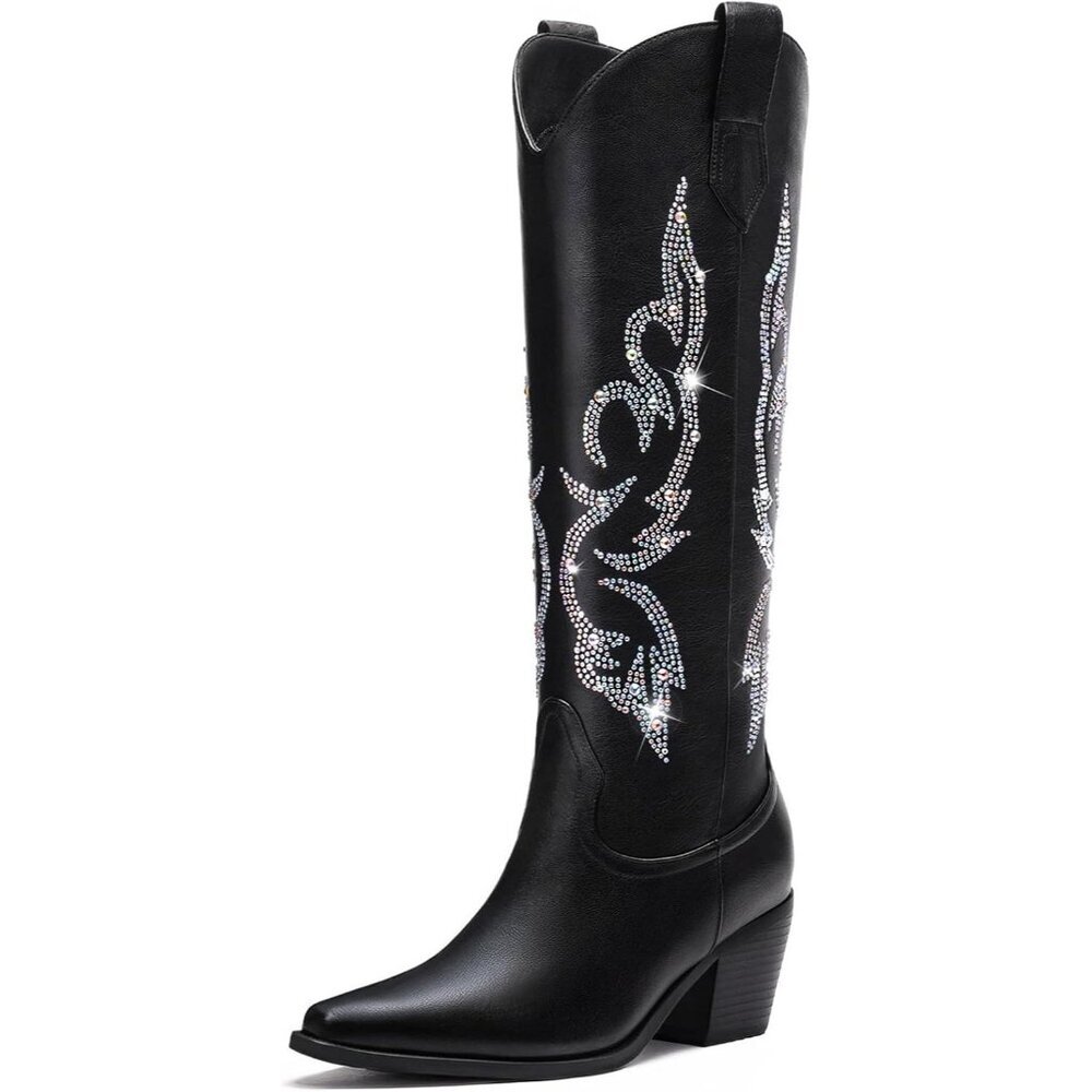 Women's Black Cowboy Boots for Wide High Western Calf Rhinestone Knee Tall Boots